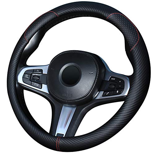 OFZVEO Fundas Volante Coche Cubierta del Volante de Cuero con Fibra de Carbono Universal 37-38cm / 15" Antideslizante Transpirable Durable (Negro)