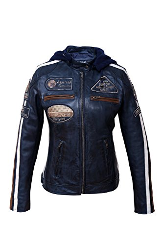 Urban Leather UR-177 Chaqueta Moto Mujer de Cuero '58 LADIES', Armadura Removible para Espalda, Hombros y Codos Aprobada por la CE, Azul, M