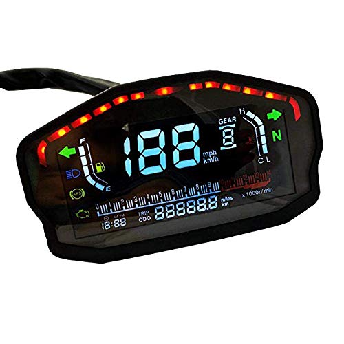 Velocímetro de Motocicleta LED Universal, Kilometraje / 1-6Gear / Medidor de Nivel de Aceite Pantalla Moto LCD Odómetro Digital, para 12V Yamaha Kawasaki Honda Harley-Davidson KTM Motocicletas,Negro