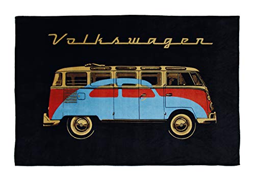 BRISA VW Collection - Volkswagen Furgoneta Bus T1 & Escarabajo Manta Grande de Franela Extra Suave (Fleece) para Sofá, Cubre-Cama con Bolsa de Transporte, Colcha, Decoración del salón/Regalo (Negro)