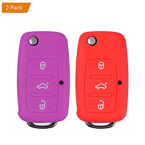 E-Mandala Funda Llave VW, 3 Botones Llave Carcasa in Silicona para Coche Volkswagen VW Golf 7 6 5 4 Caddy Lupo Polo Passat Skoda Fabia Bora Cover de Llave Car Key Case - Rojo Morado