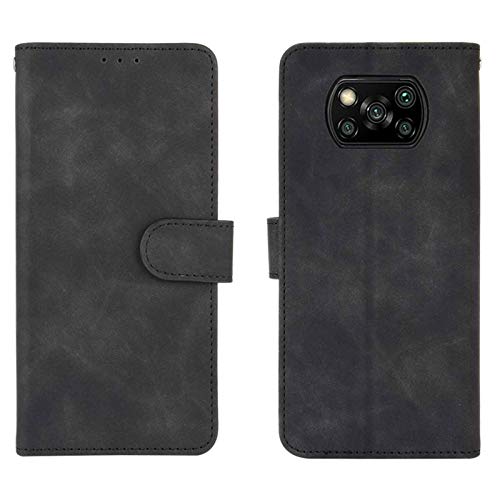 HAOTIAN Leather Folio Funda para Xiaomi Poco X3 NFC/Poco X3 Pro Funda, Flip Wallet Carcasa Tipo Libro Protector Magnético y Plegable de PU + TPU Soporte de Ranuras para Tarjetas, Negro