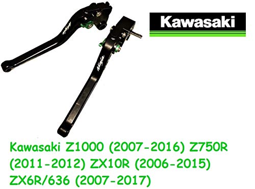 Juego manetas palancas de embrague y de freno regulable con logo compatible para Kawasaki Z1000 (2007-2016) Z750R (2011-2012) ZX10R (2006-2015) ZX6R/636 (2007-2017) (Largo)