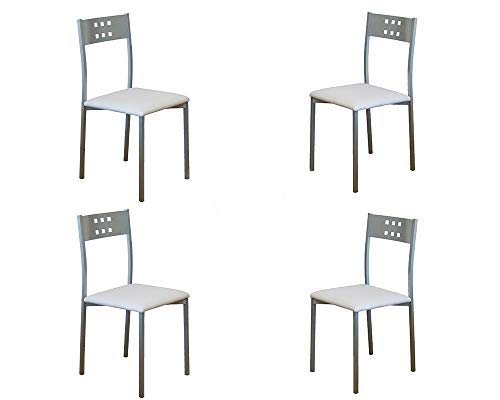 MOMMA HOME Set 4 Sillas - Modelo Xara - Color Plata/Blanco - Material Metal/Ecopiel - Medidas 41 x 47 x 86 cm