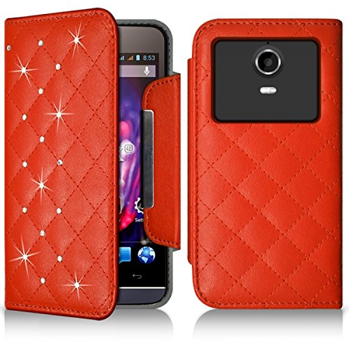 Seluxion-Funda tipo cartera universal M, diseño de diamantes, color naranja con tapa para Wiko Wax 4 g