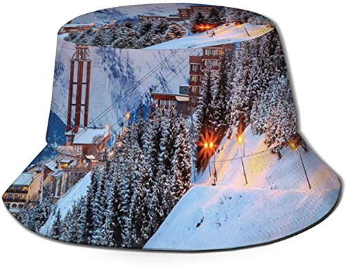 Unisex Summer Fisherman Cap,Majestic Winter Sunrise Landscape and Ski Resort Spruce Pine Forest French Alps,Travel Beach Outdoor Sun Hat